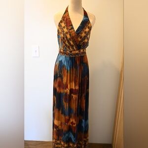 Multicolor Halter Vneck Smocked Beaded Maxi Dress 8 Beach Resortwear Stretchy